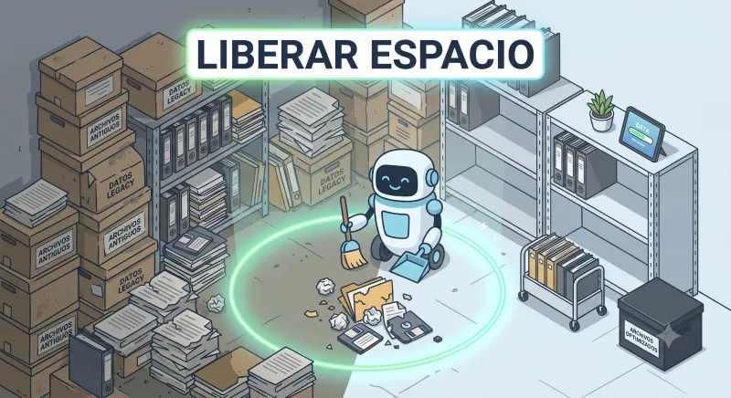 Archivos antiguos y temporales acumulados mientras una herramienta de limpieza libera espacio de almacenamiento.