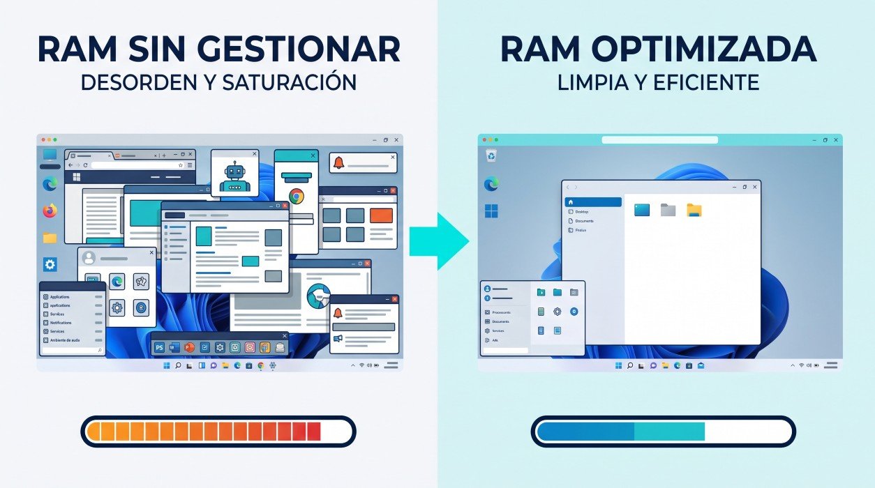 Comparación entre Windows con muchas aplicaciones ocupando la RAM y un sistema optimizado con menos carga y más memoria disponible.