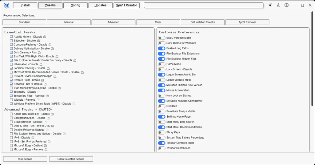WinUtil en Tweaks con el preset Standard y la creación del punto de restauración señalados