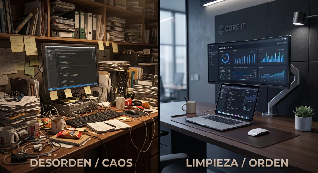 Analogía entre una oficina desordenada y una computadora lenta
